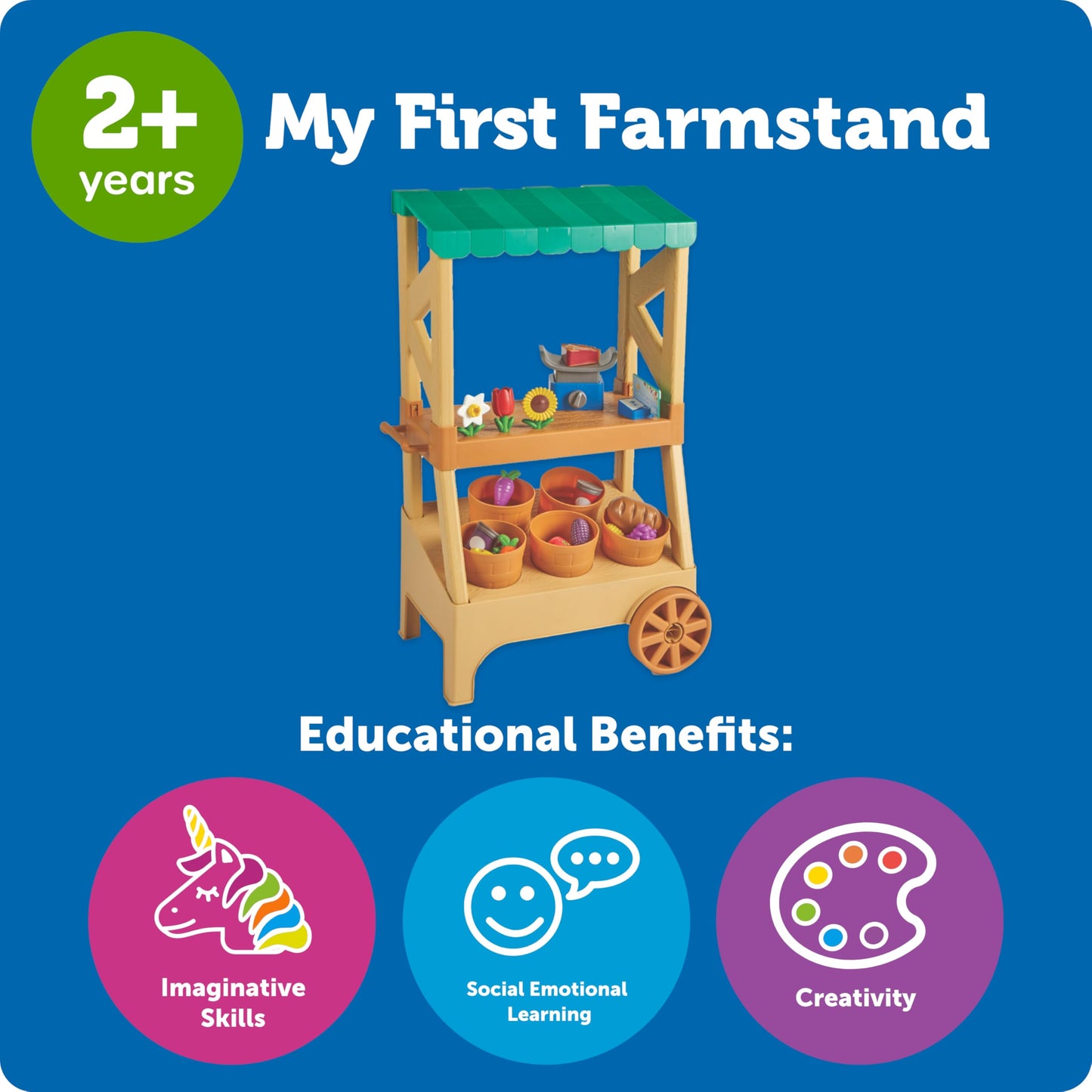Learning Resources My First Farmstand - Farmers Market Stand Toy for Kids, Rolling Cart with Pretend Play Food, Fruit and Vegetable Baskets, Toddler & Preschool Grocery Shopping Playset
