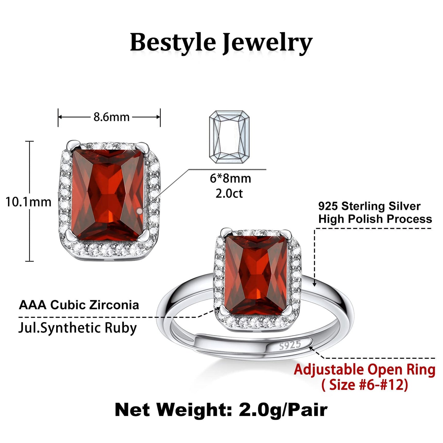 Bestyle 925 Sterling Silver Love Square Cut Gemstone Shiny Cubic Zirconia Rings, Brilliant Created July Ruby CZ Birthstone Rings for Women, Promise/Statement Ring Great Jewelry Gift