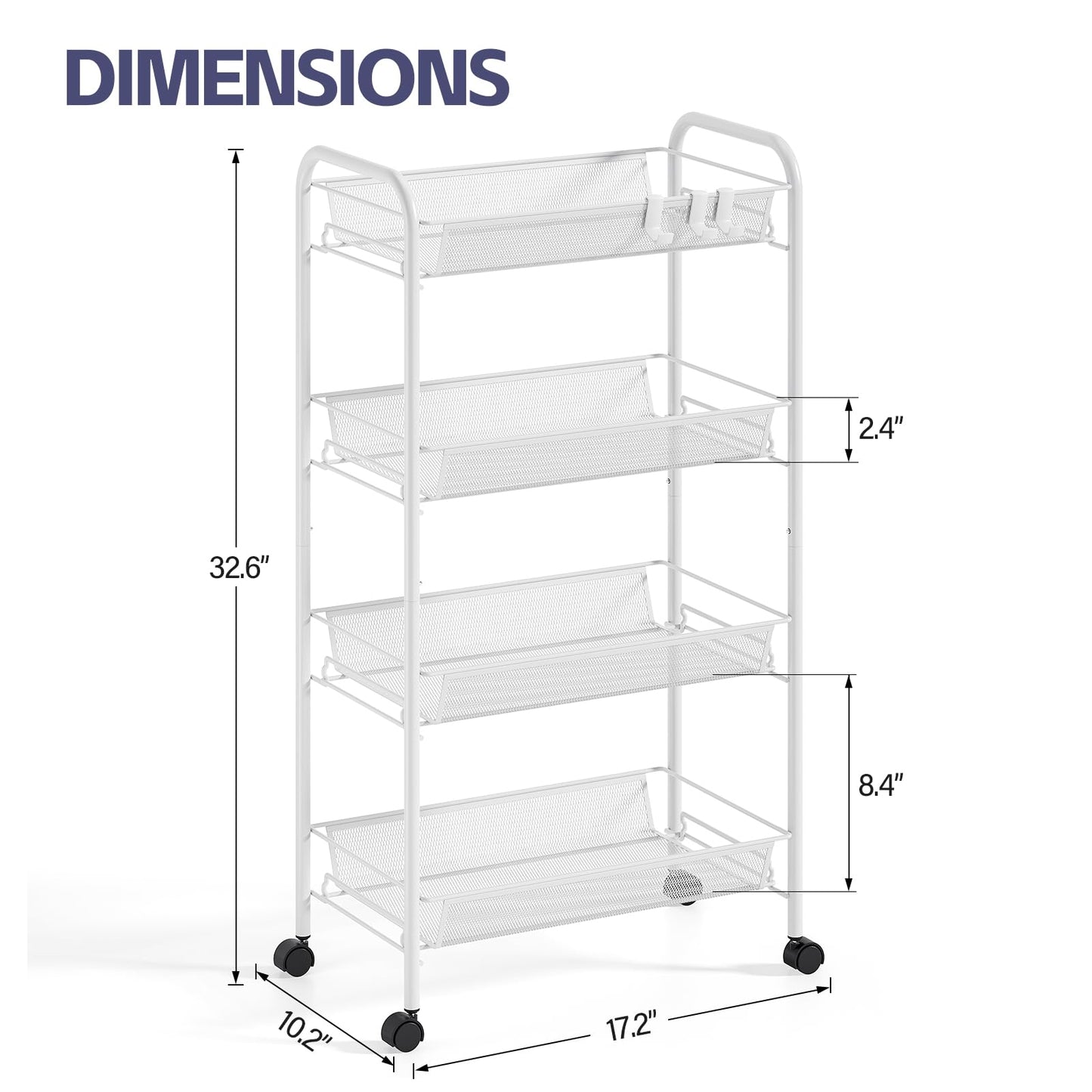 SYKIARIOL 4-Tier Metal Utility Cart, Mesh Wire Rolling Cart on Wheel, Storage Trolley with Easy Assembly, Organizer Craft Cart 3 Hooks, Mobile Shelving Unit for Bathroom, Laundry Room, Home