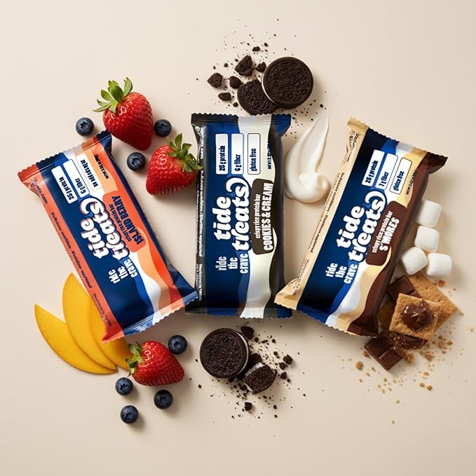 25g Protein Bar Crispy Rice Treat Island Berry | Clean Ingredients, No Added Sugar, 7g Fiber, Gluten Free | High Protein Snack for On-the-Go, Post-Workout or Dessert Cravings | 8 Count | Tidetreats