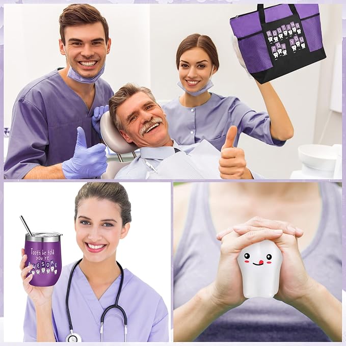 Sliner 3 Pcs Christmas Dental Assistant Gifts Positive Dentist Dental Hygienist Gifts Accessories Inspirational 12oz Tumbler Tote Bag Funny Teeth Stress Toy for Women Students Nurses Doctors(Purple)