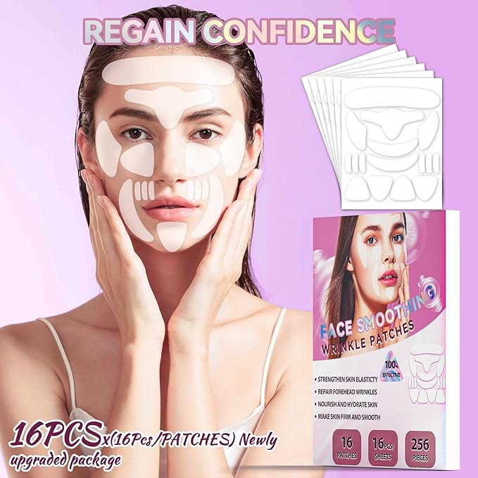 Facial Wrinkle Patches, 256 Pcs Overnight Silicone Forehead Wrinkle Patches, Anti-Aging Face Patches Remover to Fine Lines, Mouth, Frown Lines, Eyes, Smile Lines, Simple to Use And Highly Adhesive
