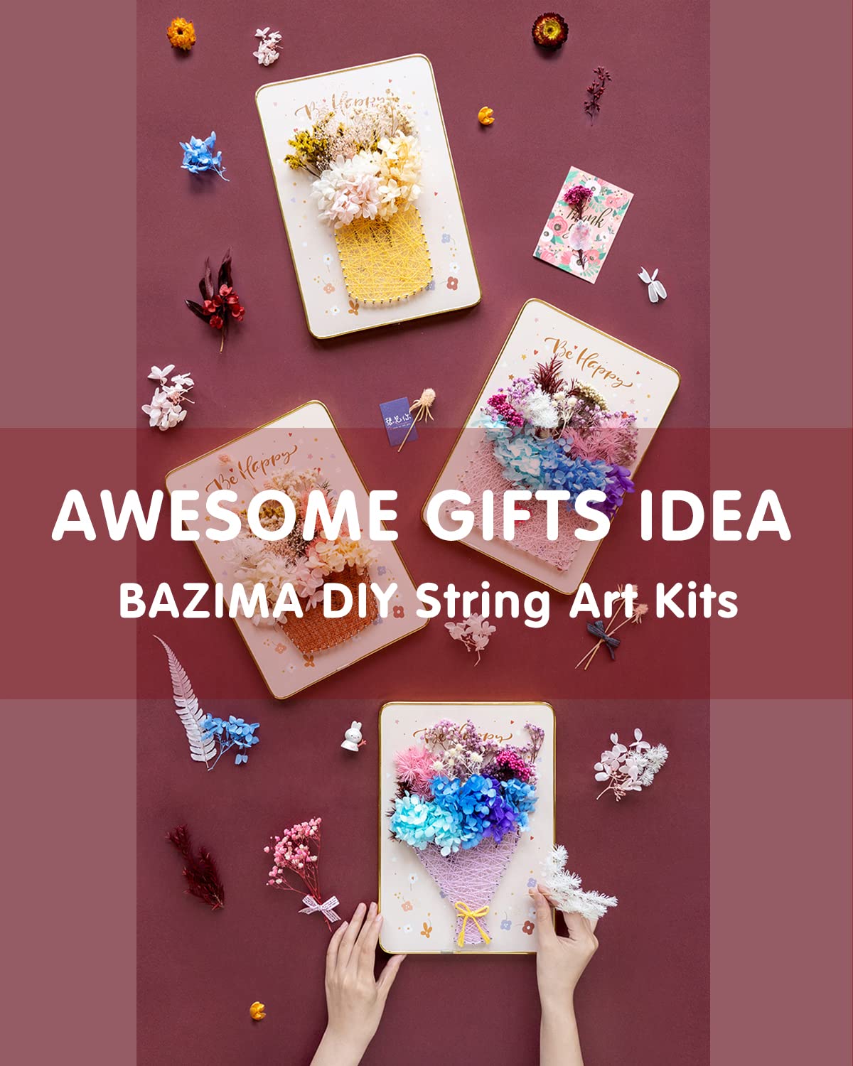 BAZIMA ALICE DIY String Art Kit for Beginner,Flowers String Art, DIY Dried Flowers Craft Kit, Unique Gift, Craft Kit for Holidays,Envelope and Flowers
