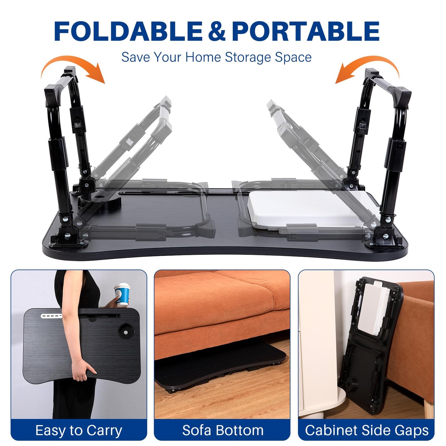 BYMECOST Laptop Desk for Bed, Height Adjustable Laptop Bed Table, Foldable Portable Lap Desk Stand with USB/Storage Drawer/Cup Holder/Slot, Breakfast Tray for Working Reading Writing Eating