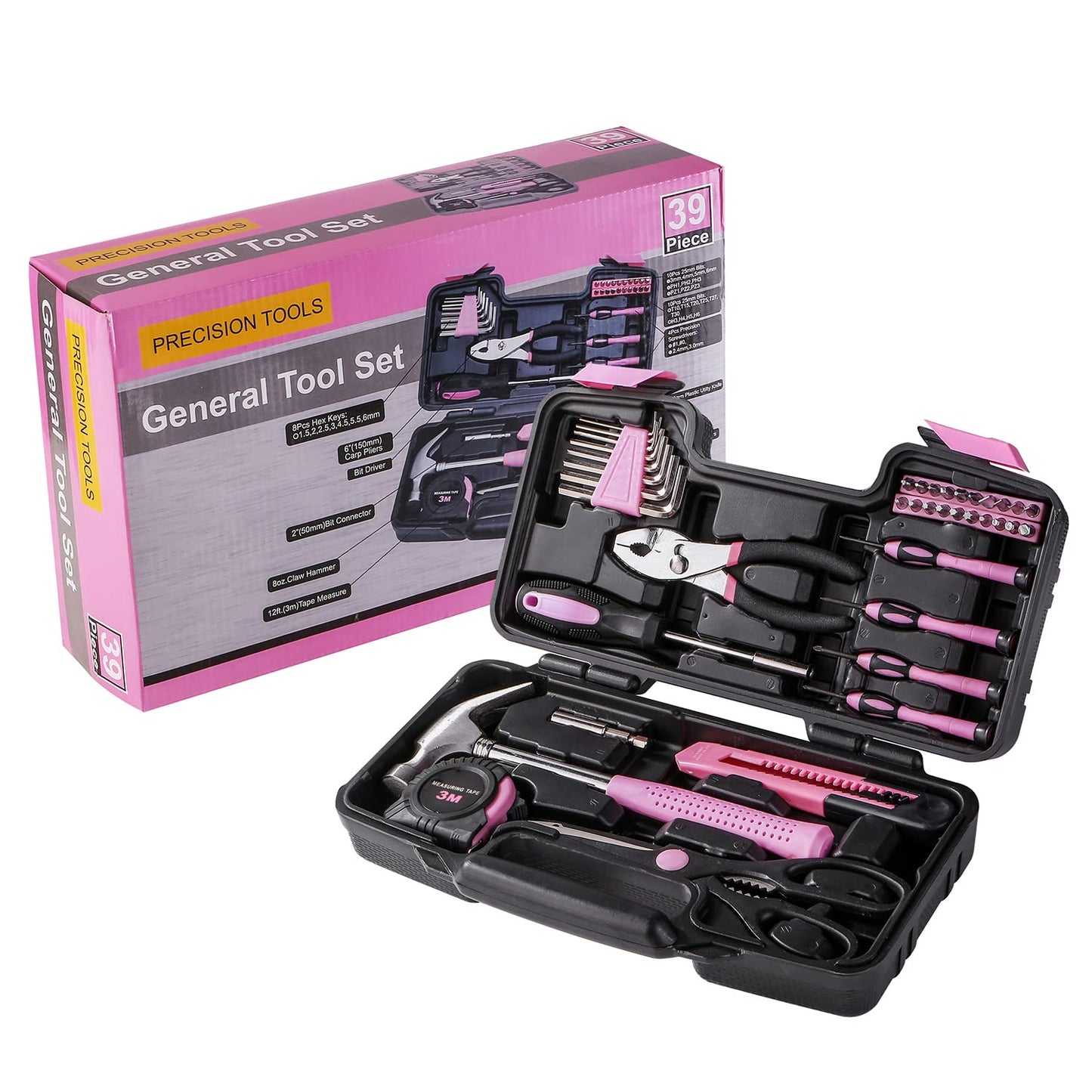 39 Piece All Purpose Basic Household Pink Tool Kit for Women - Small Tool Set with Toolbox Great for Home, Garage, Office and College Dormitory Use