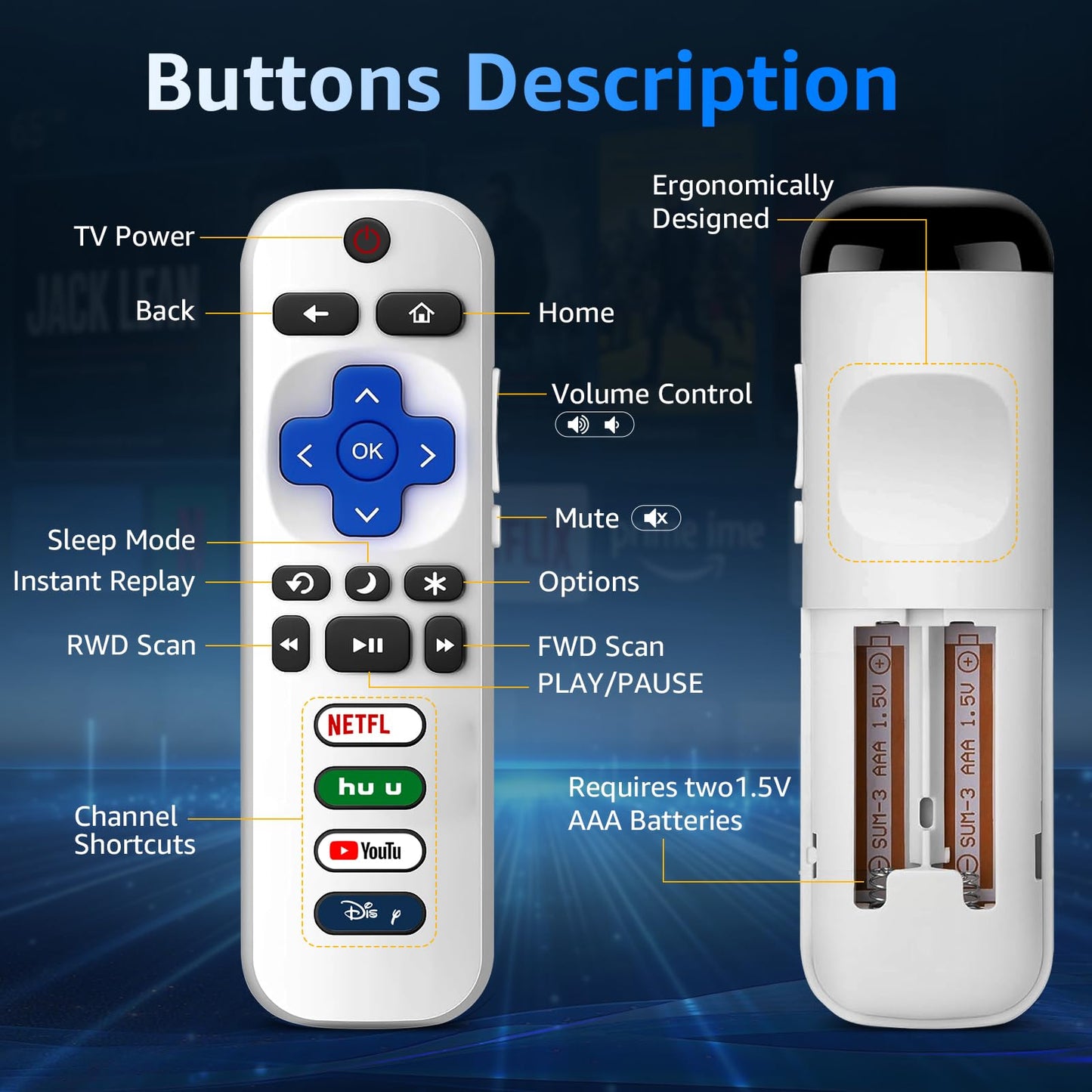 (Pack of 3) Replacement Remote Only for Roku TV with Soft Silicone Protective Cover (Glow in The Dark), Universal Remote for TCL/Onn/Hisense/Sharp/Element/Philips Roku Smart TV (Elegant White)