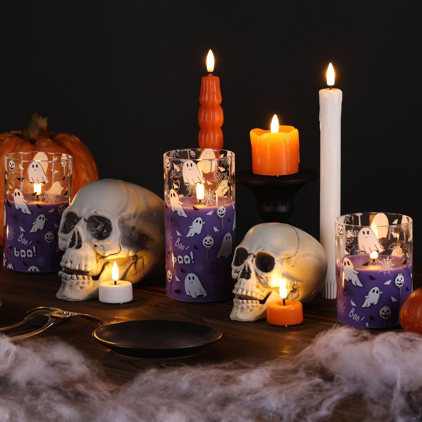 Girimax Purple Glass Flameless Pillar Candles with Remote, Halloween Flickering LED Wax Candles Battery Powered Set of 3