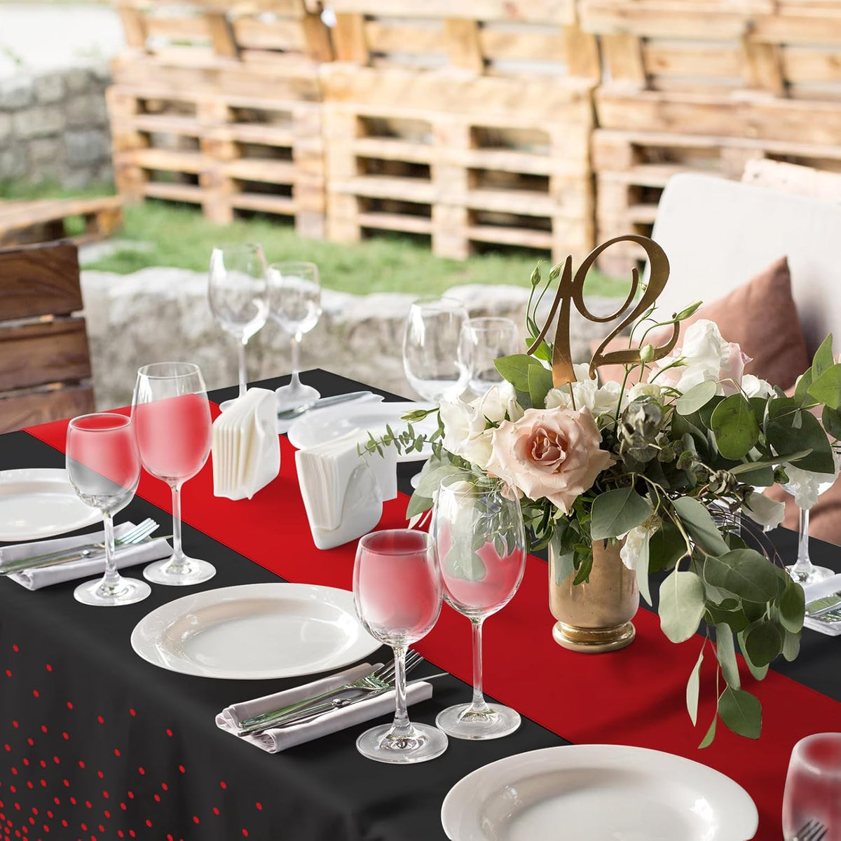 8Pack Disposable Plastic Party Tablecloths and Satin Table Runner Set Black and Red Dot Table Cloth Red Satin Table Runner for Wedding Birthday Baby Shower Anniversary Holiday Party Decorations