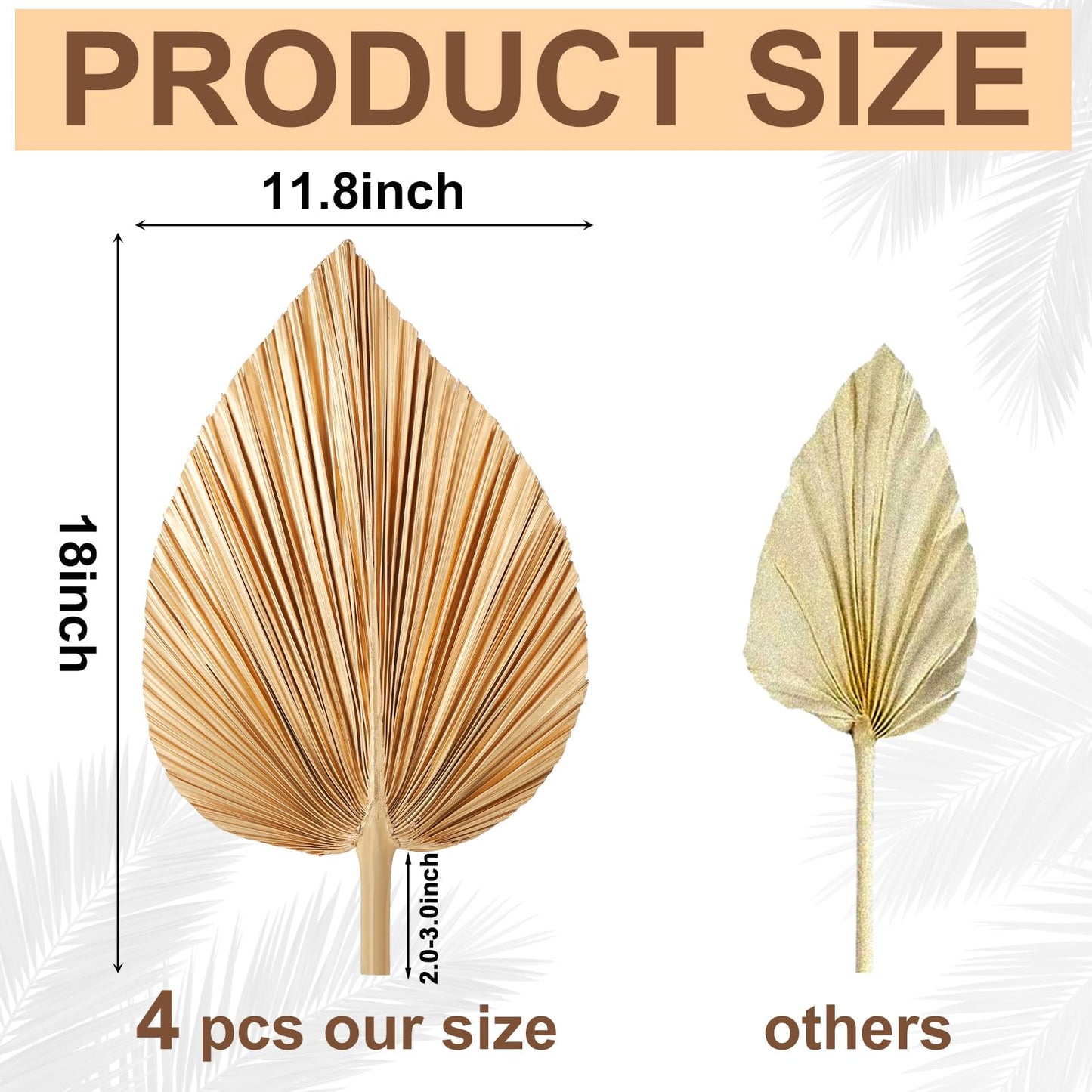 Ovveroche 4 Pcs Large Gold Dried Palm Leaves, Home Wedding Decor Natural Boho Dried Palm Fans with Stem,Tropical Palm Leaves Boho for Vase Baby Shower Anniversary