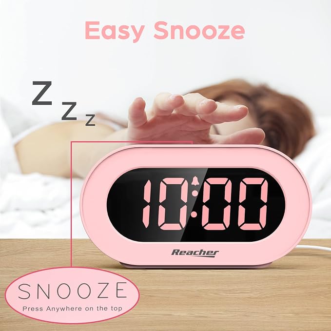 REACHER Pink Dimmable Digital Alarm Clock for Girls Bedrooms