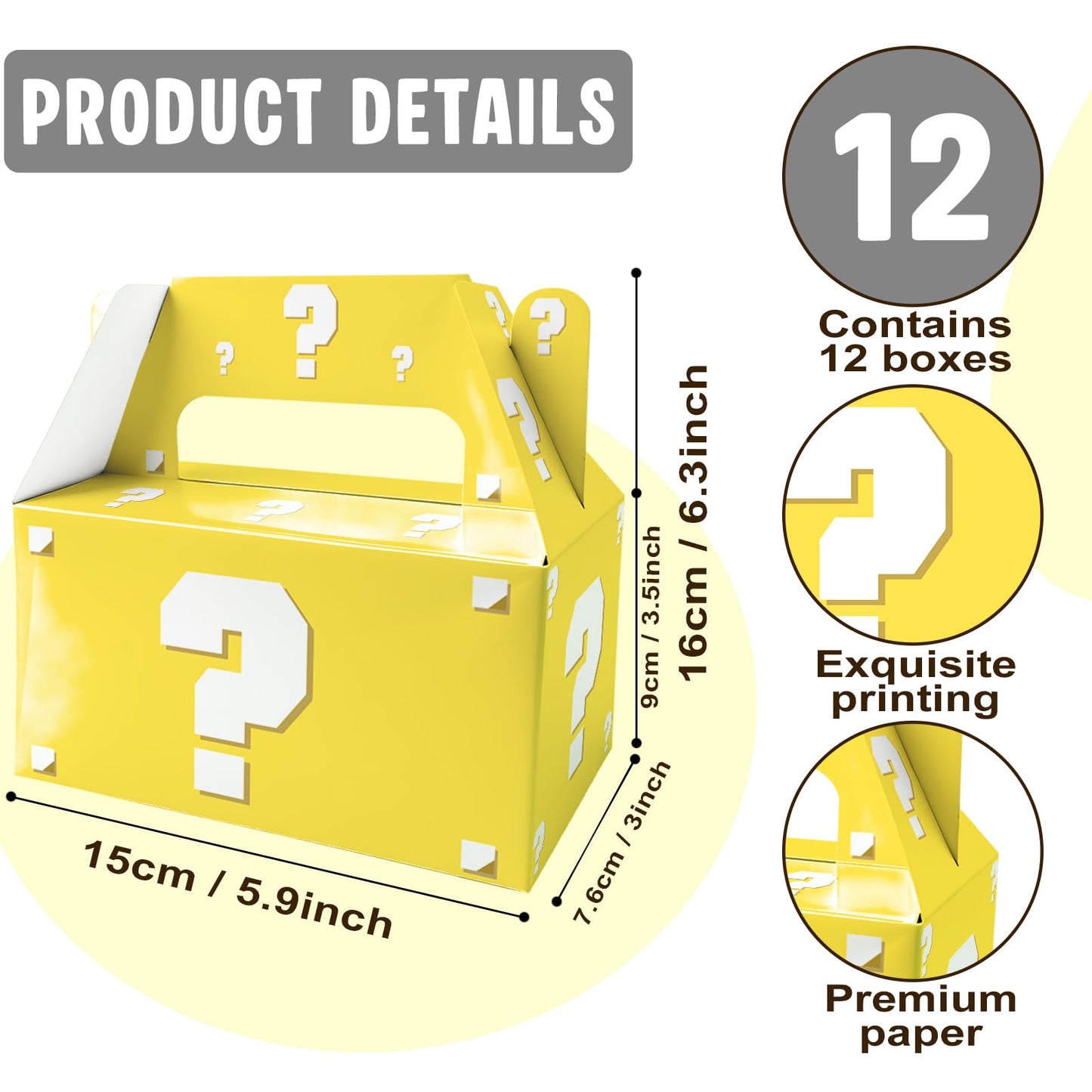 12 Pack Pixel Video Game Question Mark Birthday Party Candy Boxes, Yellow Surprise Gift Boxes with Handles for Adults, Boys & Girls, Ideal for Pixel Mining World Theme Party Favors and Decorations