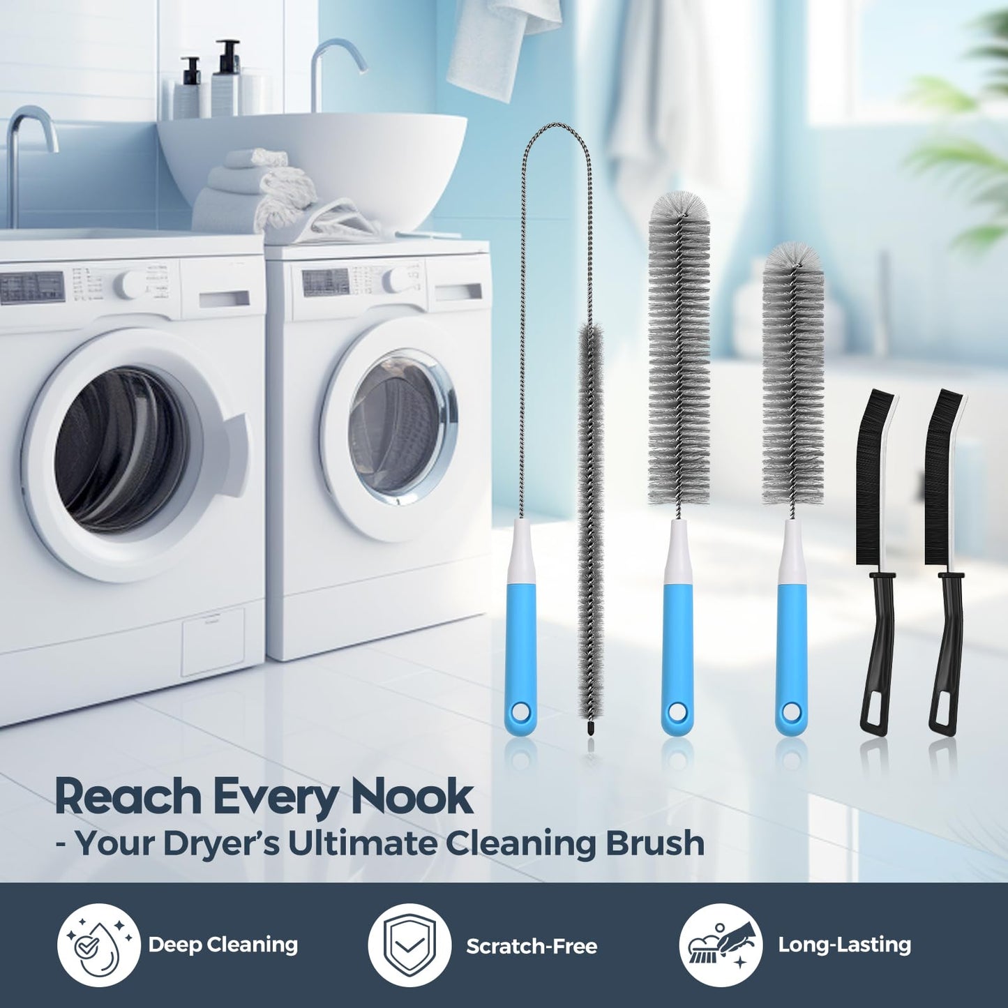 TOOUT Dryer Vent Cleaner Kit 5 Pcs, Refrigerator Coil Cleaning Brush, Sewer Set Brush, Dryer Lint Cleaner Brush for Flexible Lint Remover, Kitchen Sink, Bathroom Clog, Toilet, Vent Scrubber