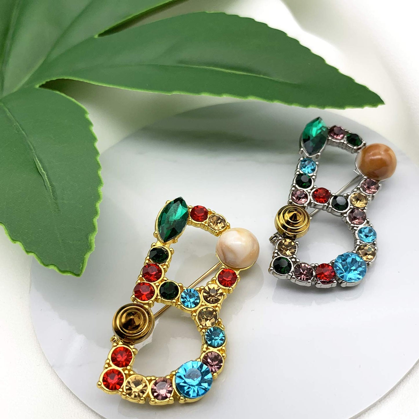 XGALBLA Letters B Plated Metal Stone Clear Colorful Crystal Lapel Pin Brooches Collar(Gold Tone)