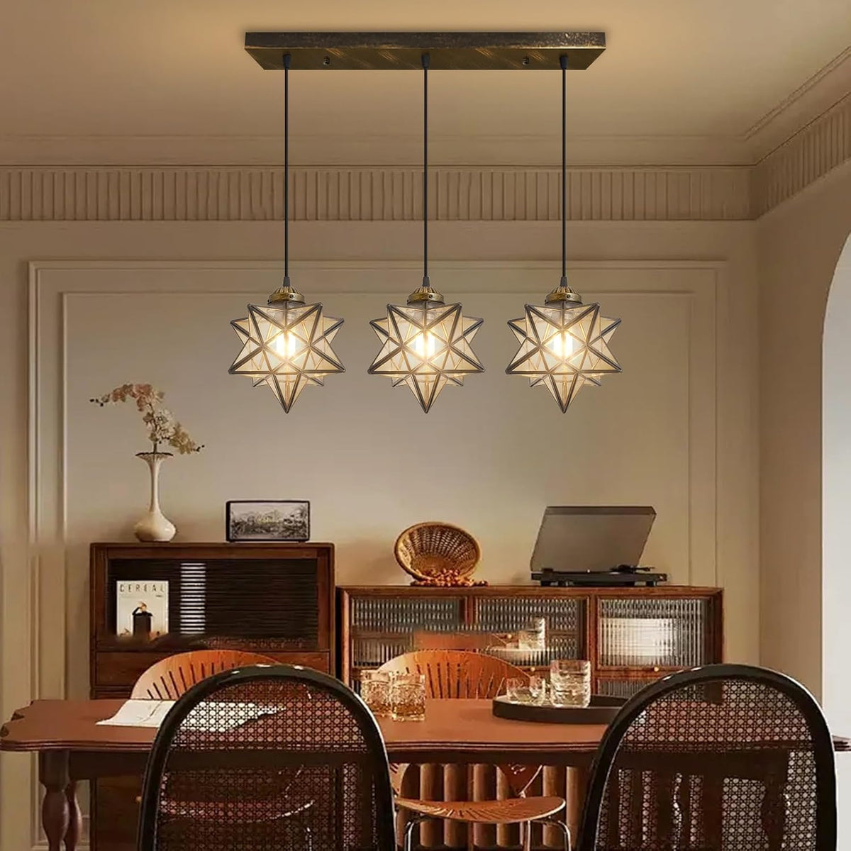 Glam Chandelier 3 Lights Glass Star Pendant Lights for Dining Table Kitchen Island Modern Ceiling Hanging Lights Included LED Warm Light Bulbs Oiled Bronze
