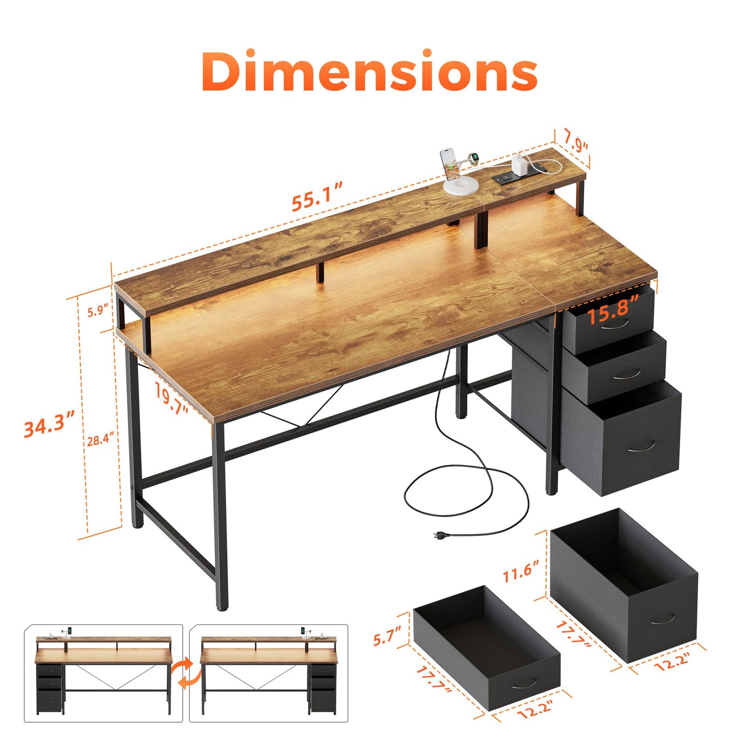 Mericonia Computer Desk 55 inch with Power Outlets & LED Lights, Gaming Desk with 3 Drawers for Home Office, Small Desk with Monitor Stand for Small Spaces, Study Writing Desk