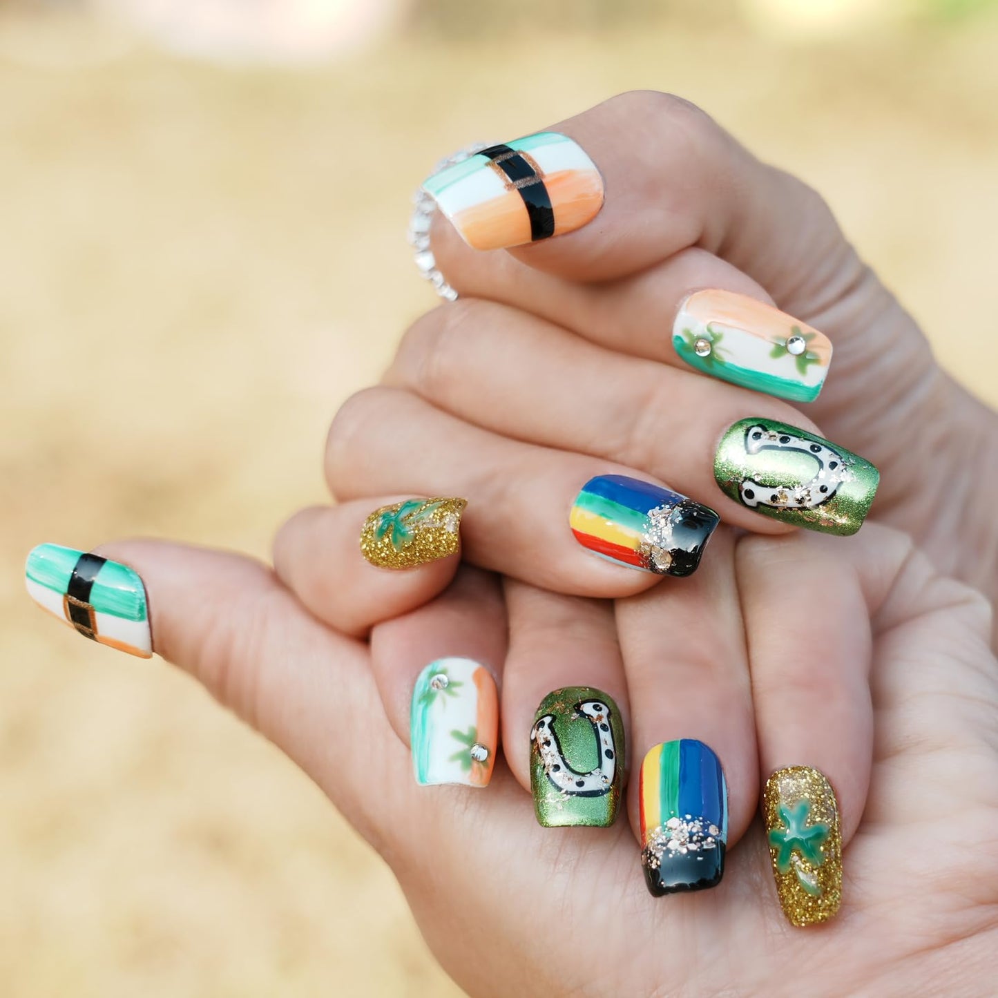Tesytto Medium Square Press on Nails - Irish Flag Green White Orange Nails with Lucky Shamrock & Belt Design, Rainbow & 3D Gold Glitter Spring Summer Fake Nails (Size M)