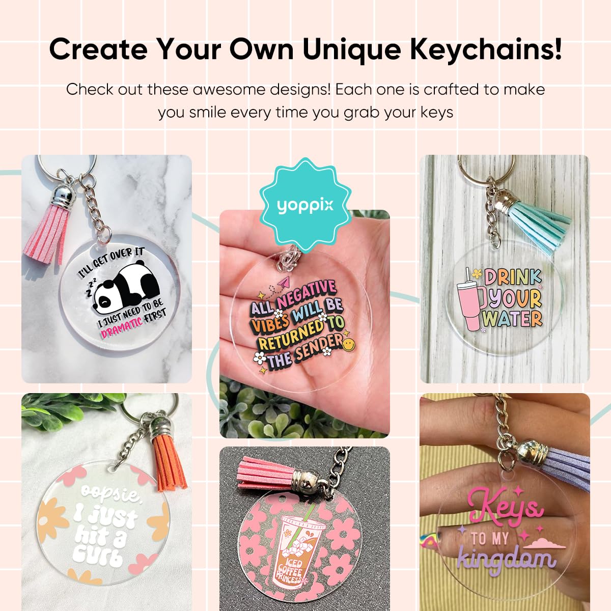 YOPPIX 140 PCS Acrylic Keychain Blank Set, Funny Double-Sided UV DTF Stickers Acrylic Keychain Making Kits for Vinyl DIY Craft Project