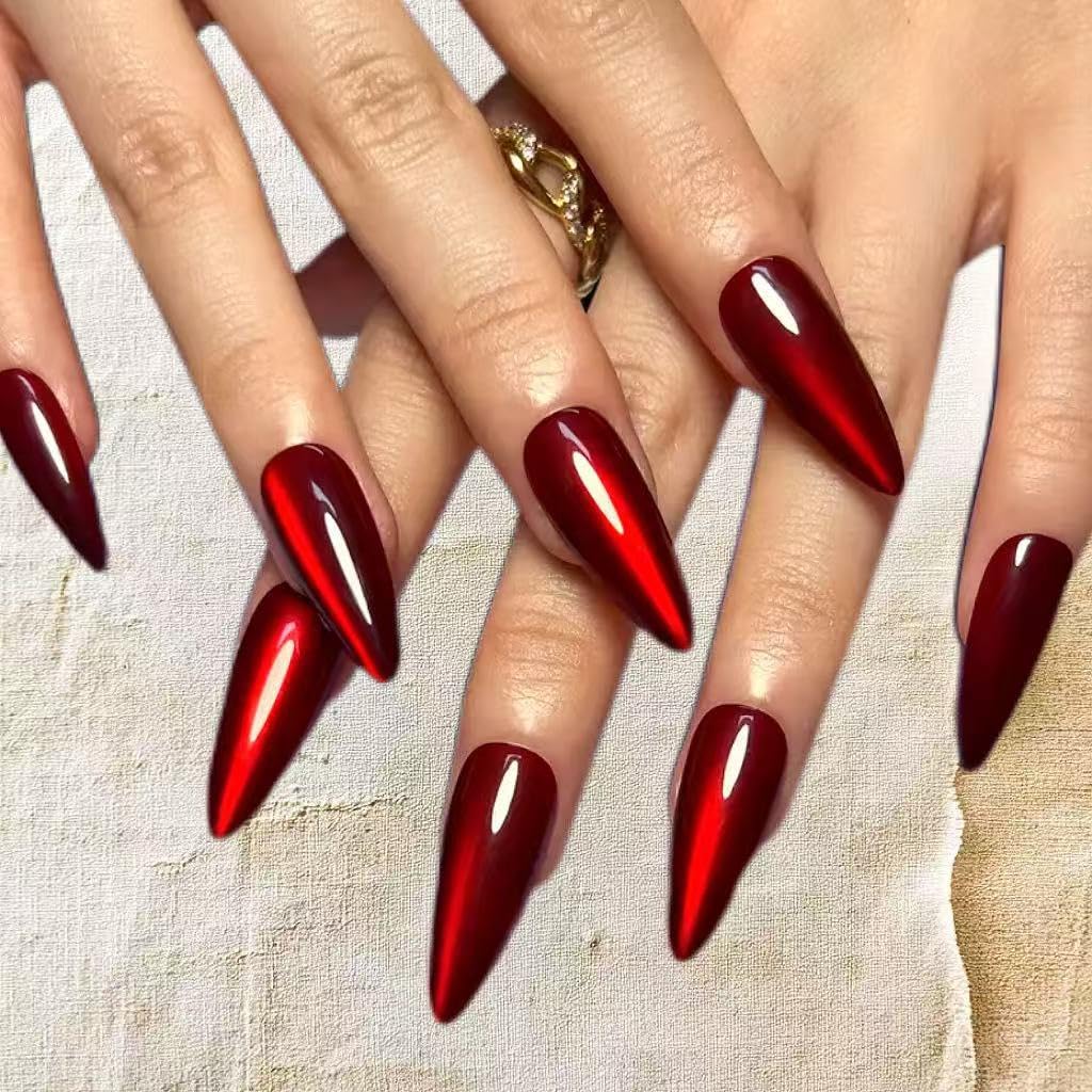 Red Press on Nails Long Almond Fake Nails Halloween False Nails with Design Red Cat Eye Glue on Nails Full Cover Stick on Nail Shiny Glitter Artificial Acrylic Nail for Women Manicure 24Pcs
