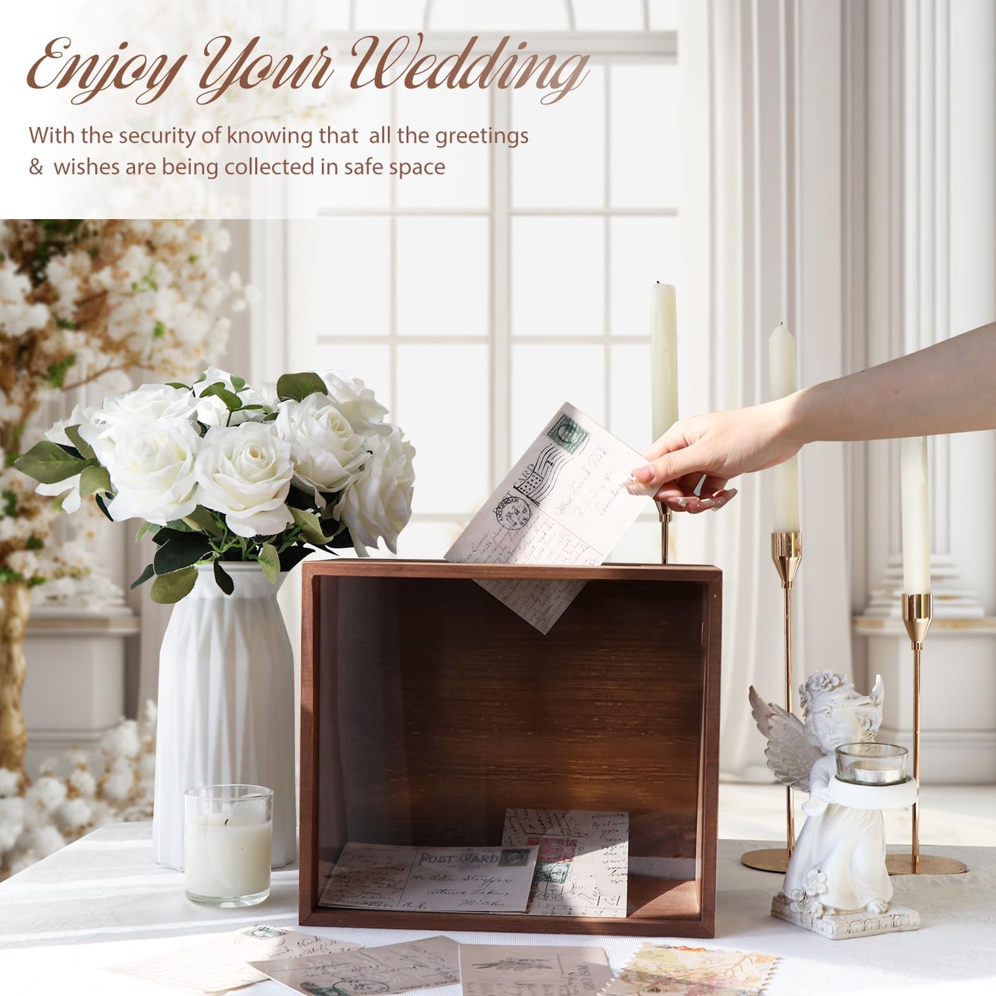 OurWarm Wooden Wedding Card Box with Slot, Money Gift Card Box for Wedding Reception, Rustic Envelope Card Box Storage for Party, Birthday, Graduation, Baby Shower, Honeymoon Funds, Wedding Gift