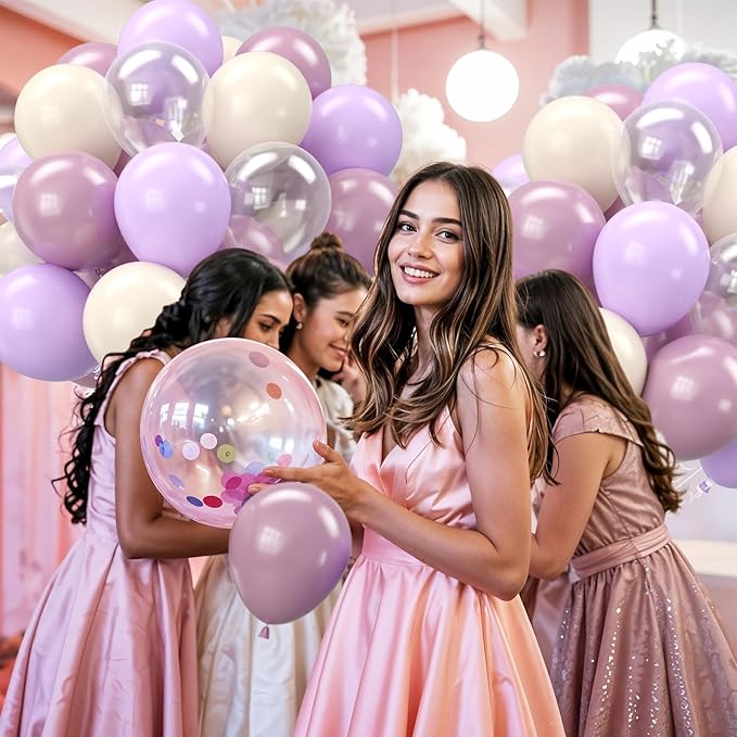 Purple and White Balloons, 12 Inch Pastel Purple Beige Cream White Clear Latex Balloon for Girls Birthday Bachelorette Party Bridal Baby Shower Party Decorations Supplies