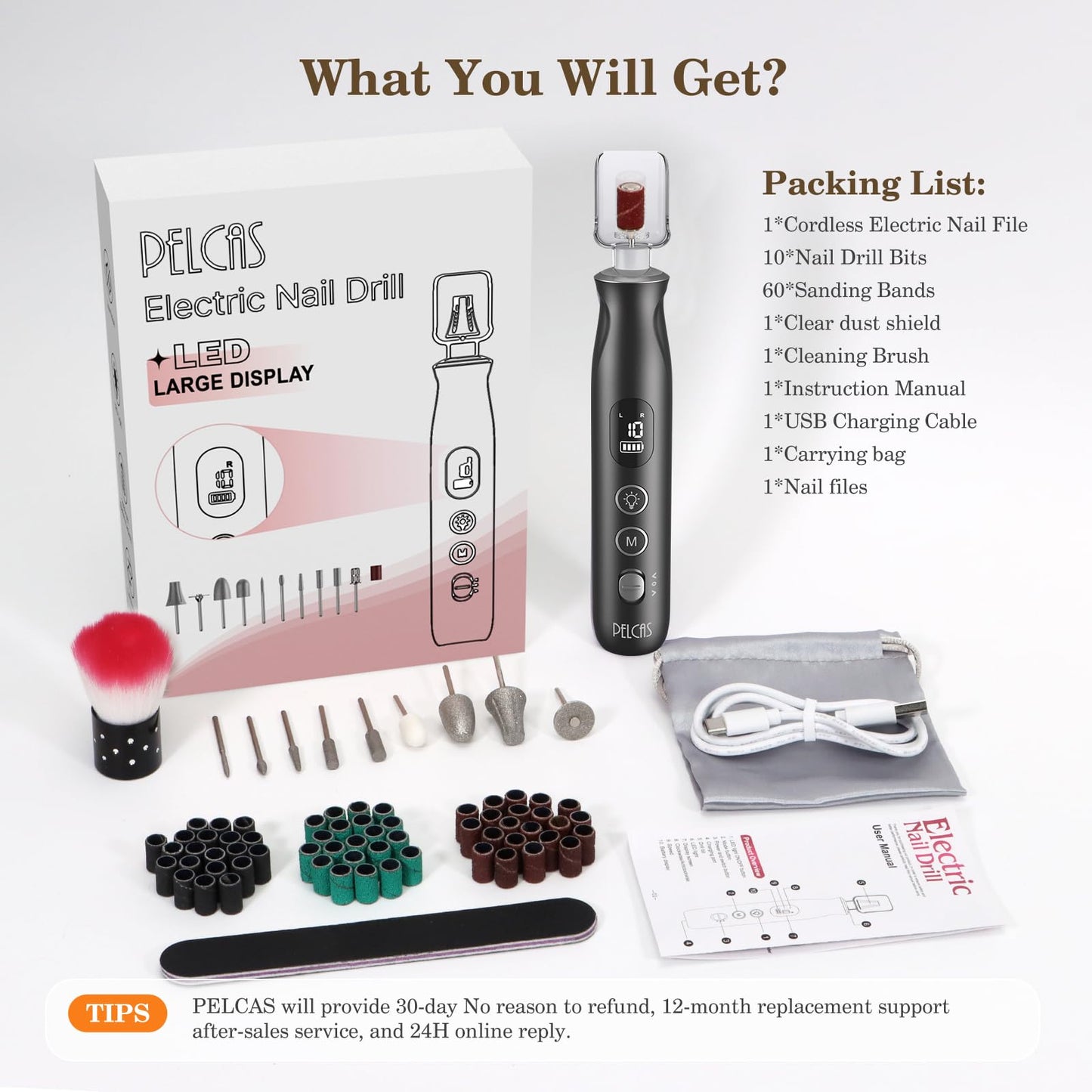 PELCAS Electric Nail Grinder, 10 Speeds Cordless Nail Drill with LED Light, Portable Manicure and Pedicure Kit, Nail File with LCD Screen for Human, Pet, Thick Toenails, Natural & Acrylic Nails Grey