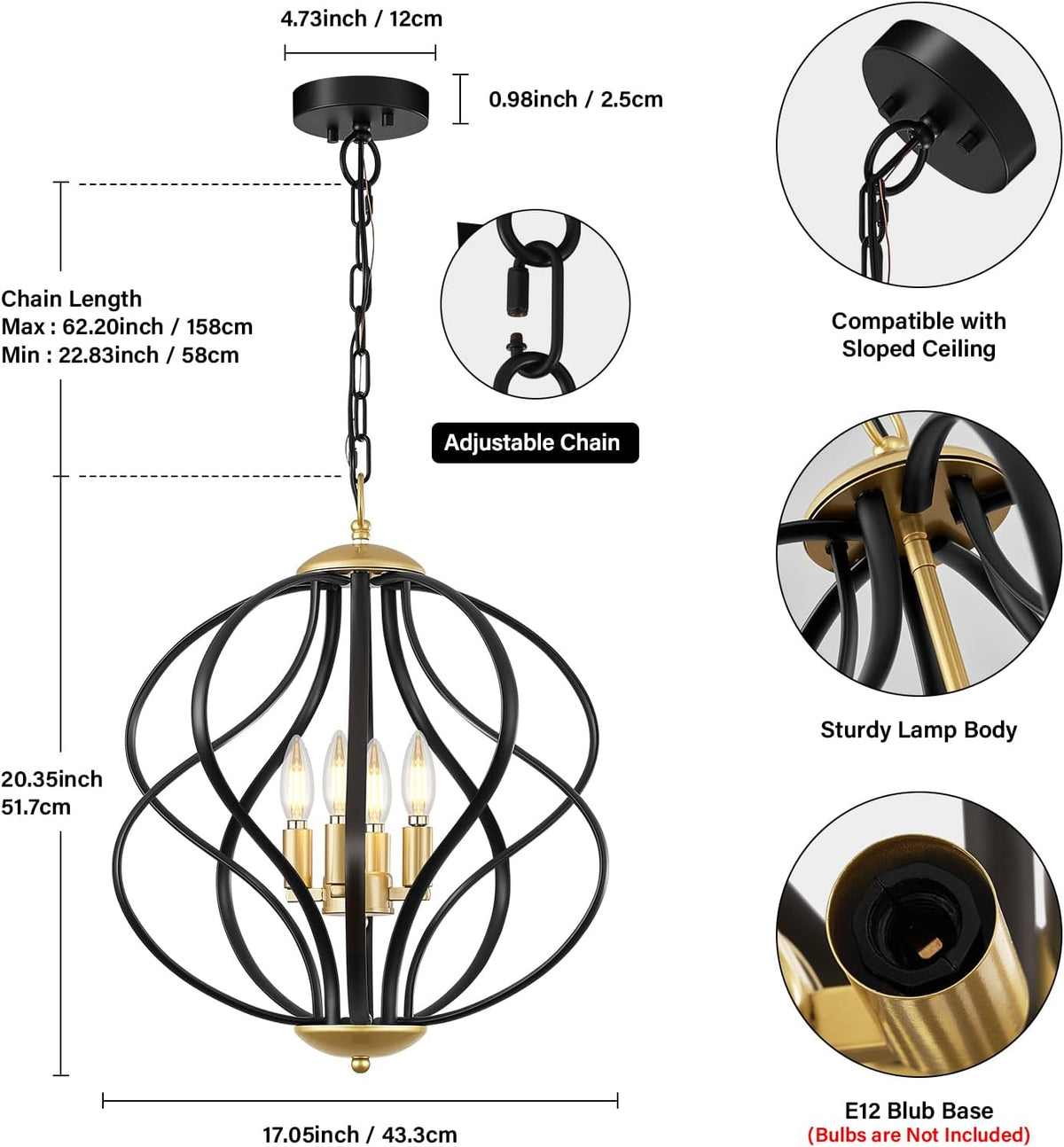 Modern Black and Gold Chandelier for Dining Room, 4 Lights Geometric Chandeliers, Sphere Chandelier Industrial Large Pendant Light Fixtures Hanging for Kitchen, Entryway, Foyer, Stairs