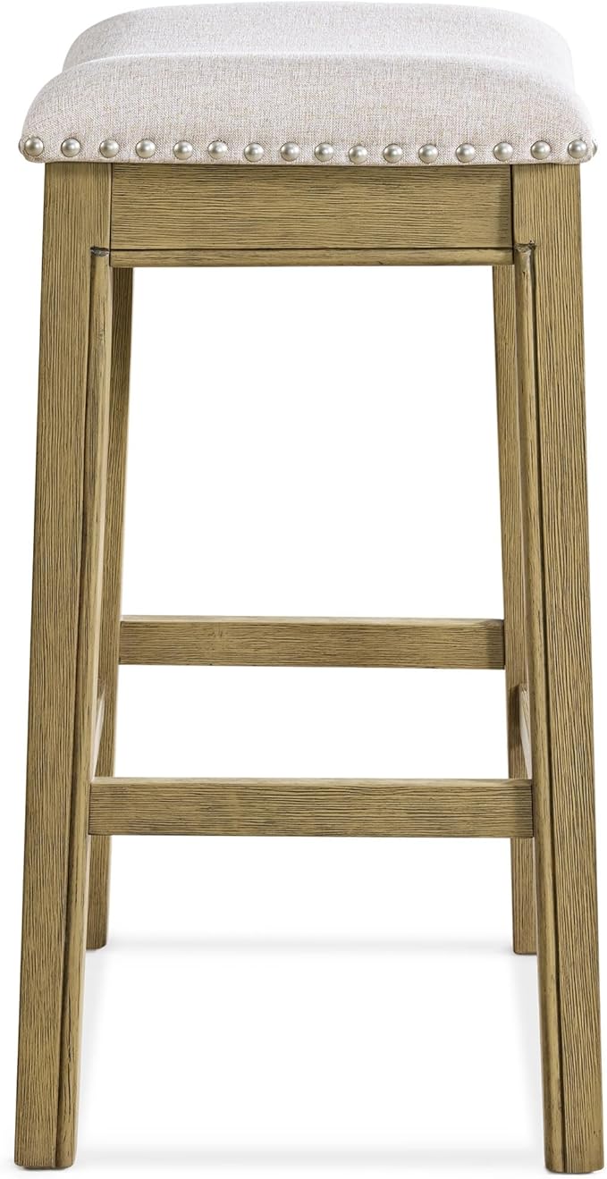 ROME + OAK Set of 2 Parker 26" Counter Stool, Backless Saddle Kitchen Barstool in Natural Wood Finish with Wheat Cream Fabric Upholstery Cushion Seat