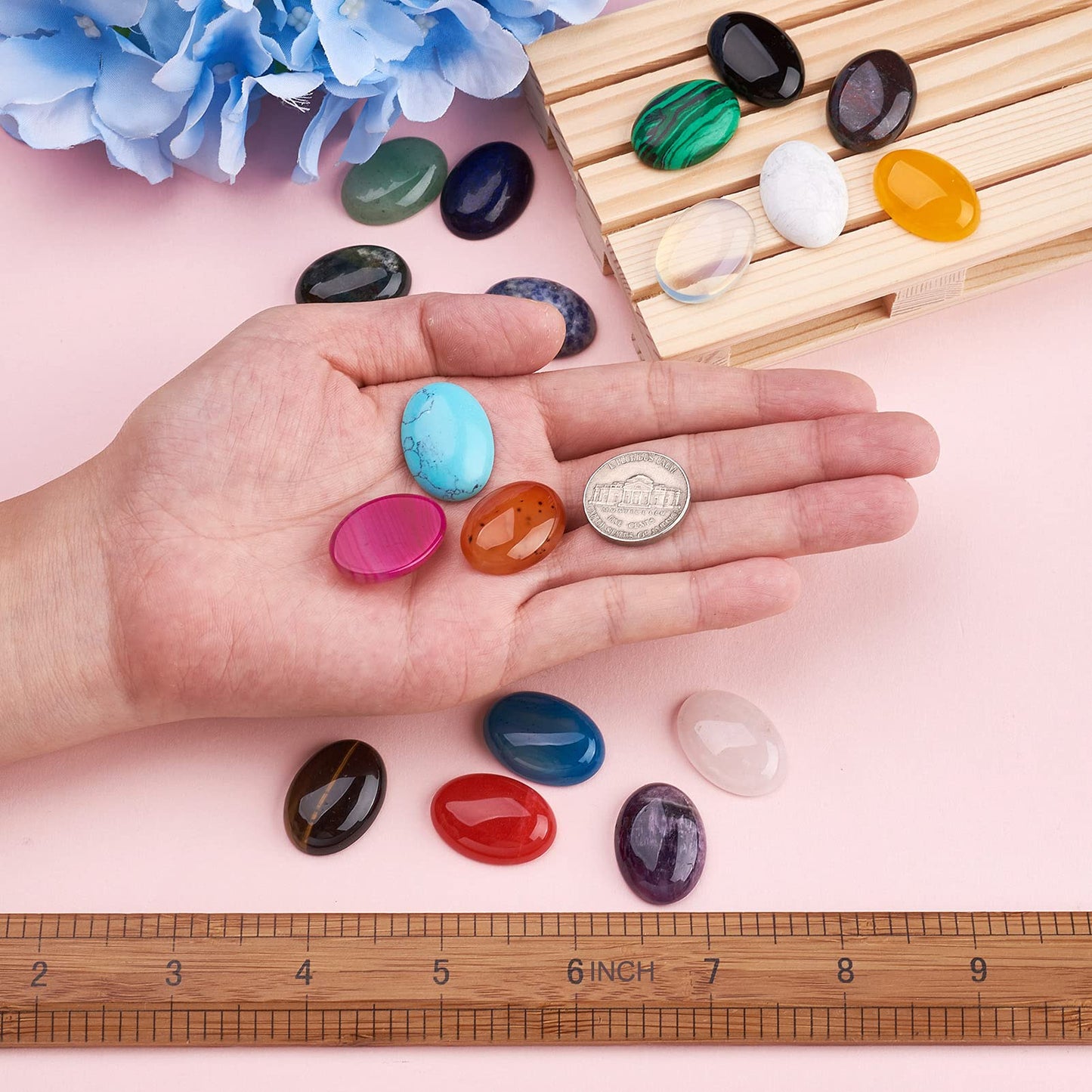 Fashewelry 36pcs Oval Healing Crystal Gemstone Cabochons 25x18mm Assorted Flatback Natural & Synthetic Energy Stone Cab Covers No Hole for Jewelry Craft Bracelet Necklace Making