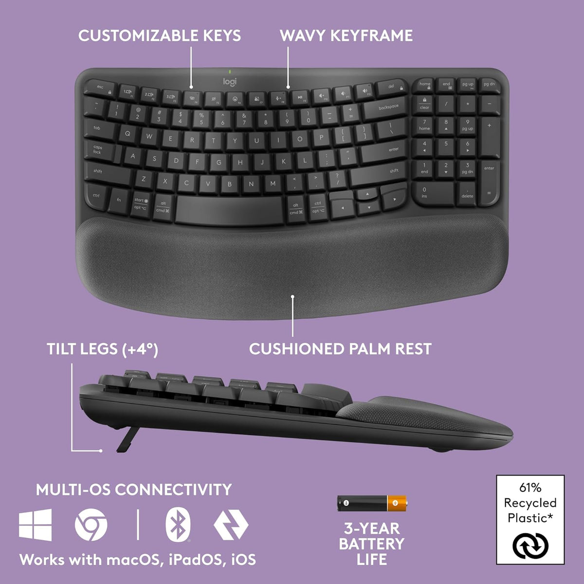 Logitech Wave Keys MK670 Combo, Wireless Ergonomic Keyboard with Signature M550 L Wireless Mouse, Comfortable Natural Typing, Bluetooth, Logi Bolt, for Multi-OS, Windows/Mac - Graphite