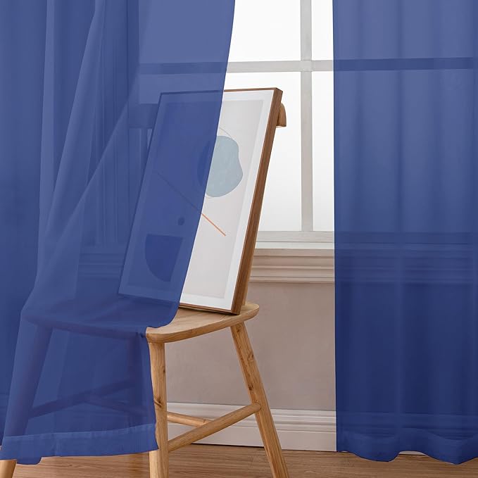 Chyhomenyc Sheer Royal Blue Curtains 90 inches Long 2 Panels, Light Filtering Soft Airy Solid Elegant Voile Window Treatment Drapes for Bedroom Living Room Wedding Party Decor, 42 Wx90 L Inches