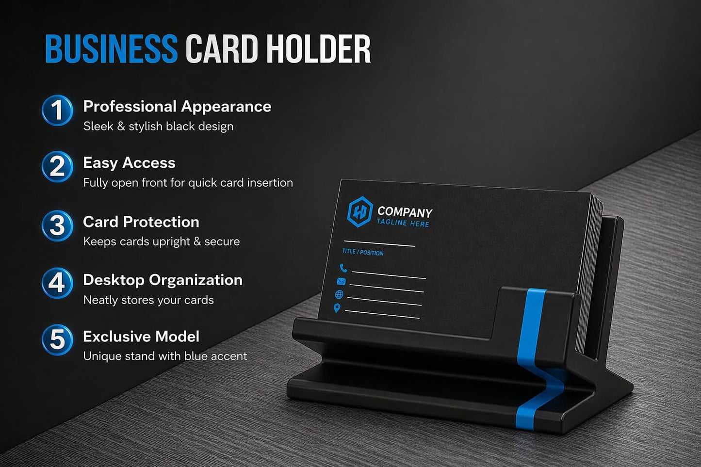 Business Card Holder – Blue and Black Modern Design – Exclusive Model for Professionals