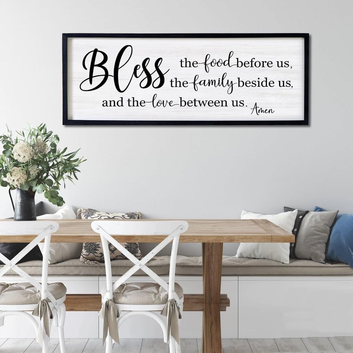 Bless the Food Before Us, the Family Beside Us, and the Love between us Framed Wall Art for Dining Room, 40''×15'' Holy Positive Religious Rustic Bible Verse for Christian God Jesus Christ Prayer
