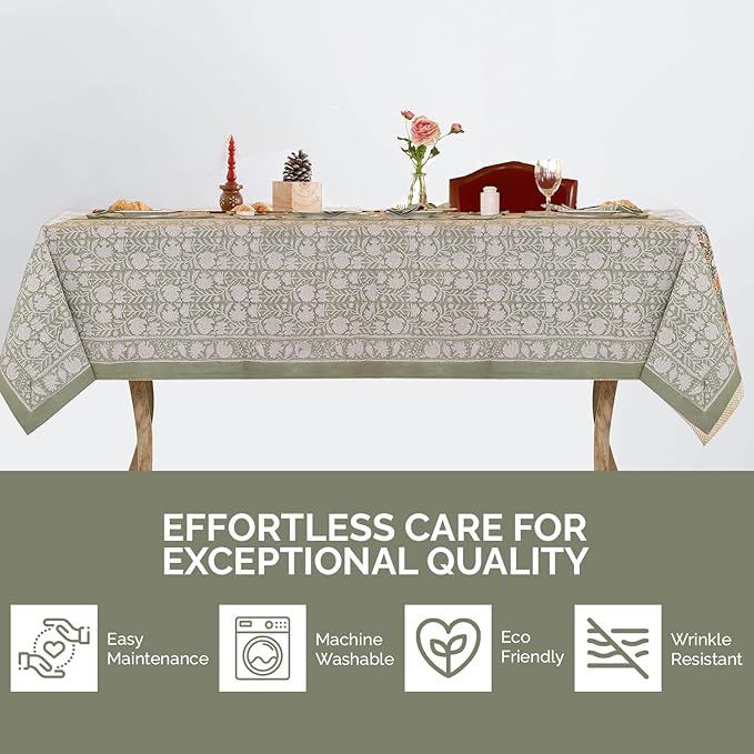 Labhanshi Indian Handblock Print Pre-Washed Cotton Floral 60x90 Inch Rectangle 6-Seater TableCloth|Rustic Farmhouse Decorative Party Event Wedding Banquet Thanksgiving Festive holiday Decor|Sage Green