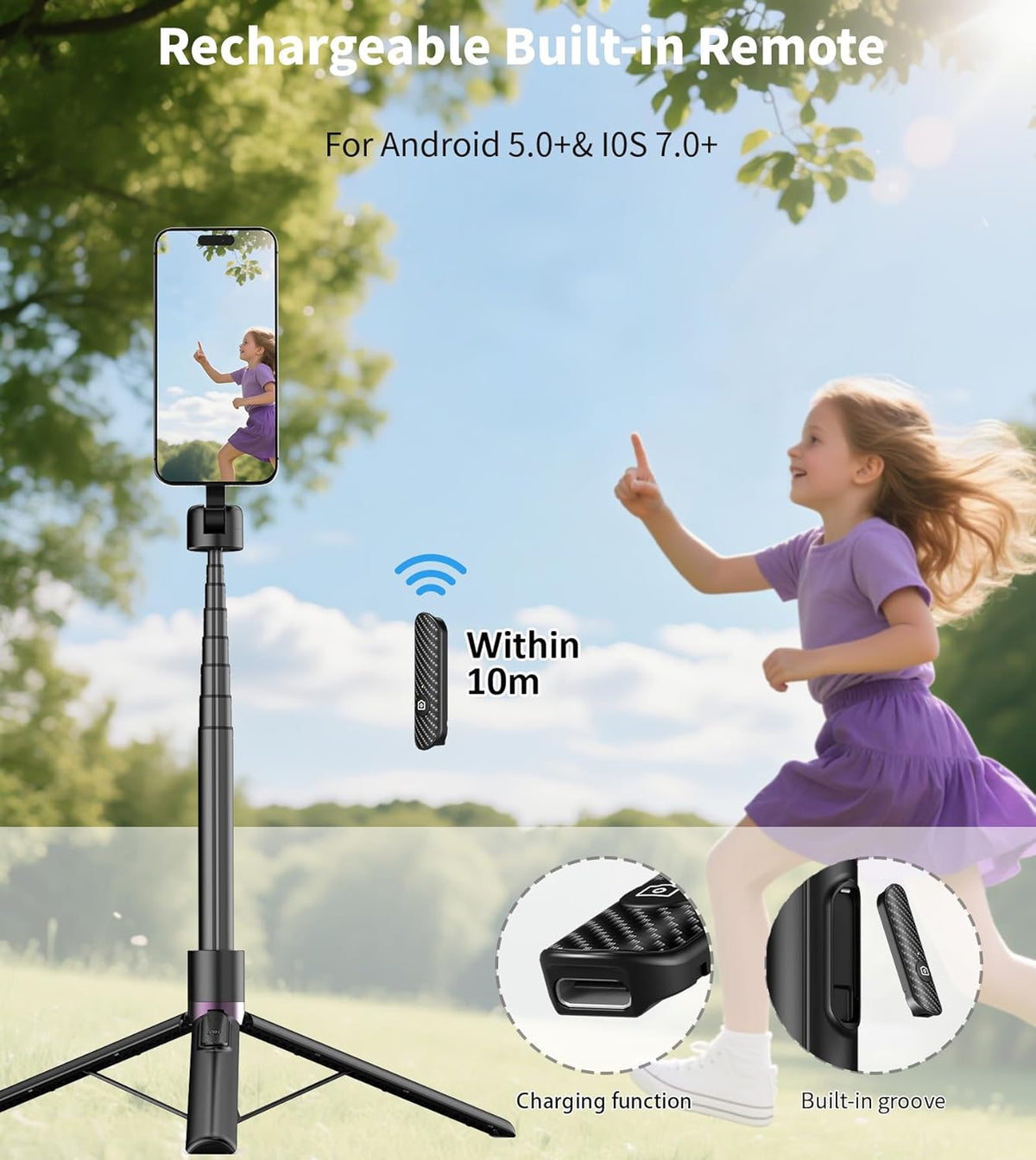 TONEOF 68" Magnetic Selfie Stick Tripod with Aluminum Strong Magnetic Holder for Magsafe, 360° Rotatable Travel Phone Tripod Stand with Metal Ring & Rechargeable Remote for iPhone/Android(Black)