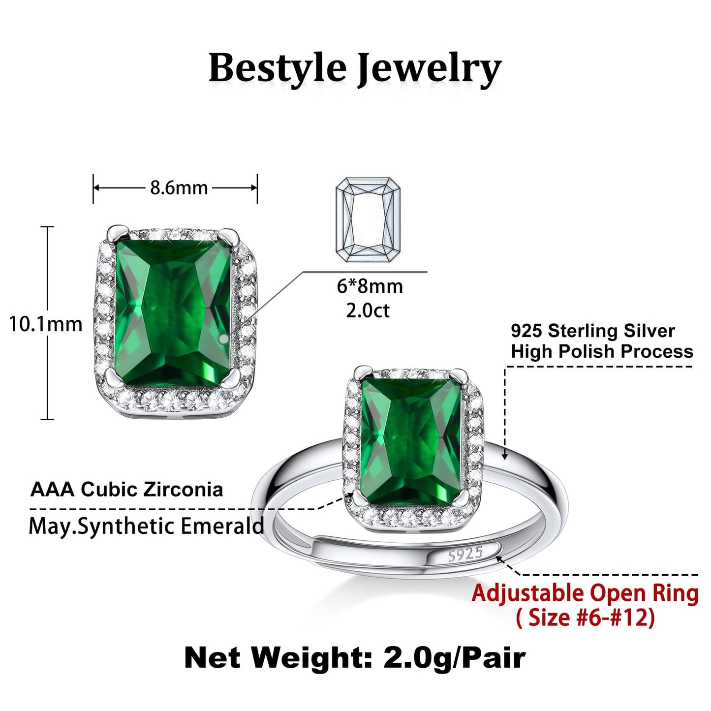 Bestyle Square May Emerald Birthstone Rings Embellished with White Cubic Zirconia Minimalist Sterling Silver Open Band Gemstone Rings for Birthday/Christmas/Party/Anniversary/Wedding