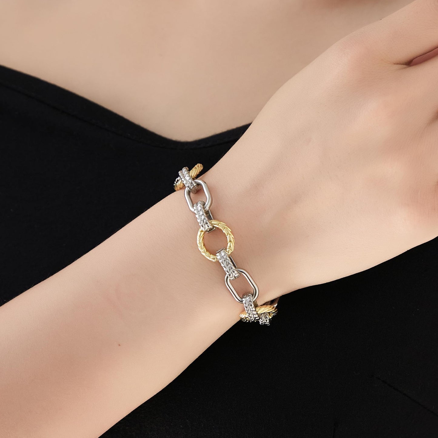 Mytys Link Bracelet for Women 2 tone Circles Chain Silver and Gold Wire Cable Bangle Designer Inspired Bracelets (Gold & Silver 12)