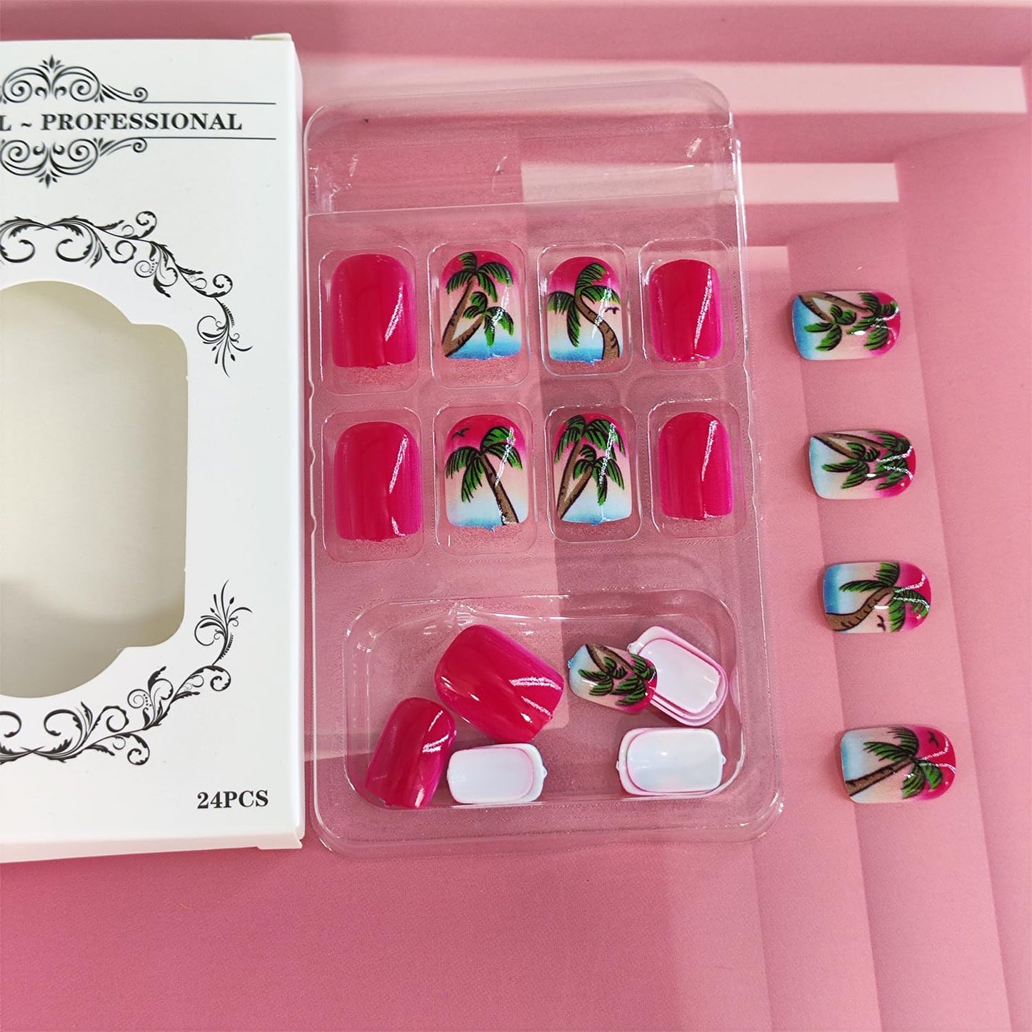 Summer Beach Press on Nails Tropical Palm Tree Designs Pink Gradient Sunset Short Square Vacation Fake Nails Reusable Full cover Stick on False Nail Set for Women 24 Pcs