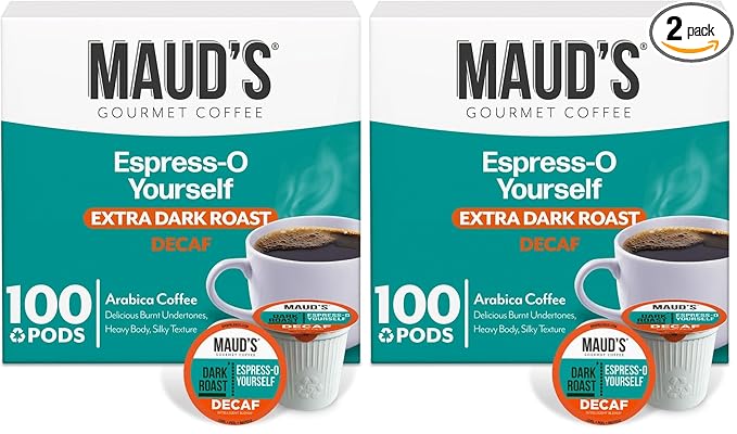 Maud's Decaf Espresso Roast Coffee Pods, 100 ct, Decaffeinated Dark Roast Coffee in Recyclable Single Serve Pods – 100% Arabica Coffee, Compatible with Keurig K Cups Maker (Pack of 2)