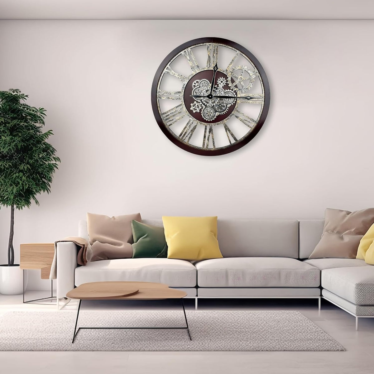 The B-Style Large Real Moving Gears Wall Clock 30 inch Rustic Retro Industrial Farmhouse Wood Clock Oversized Decorative Vintage Wall Clocks for Living Room (Cherry red and Bronze