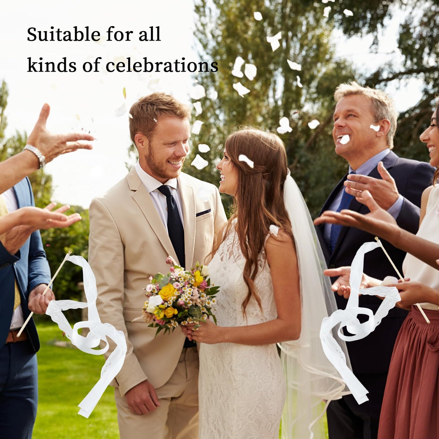 Trutob 30 Pcs Wedding Wand, White Ribbon Sticks, Wedding Streamers, Lace Ribbon Streamers, Wedding Exit Items, Send Off Wands, Props Sticks with Bells for Wedding Party Celebration Favors