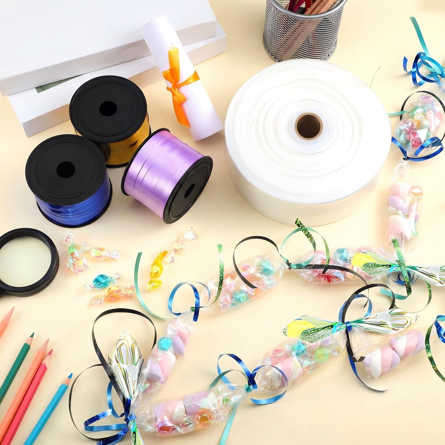 Berlune Candy Lei Making Kit for Graduation Party Favor Include 2 in x 1000 ft Poly Tubing 3 Rolls Curling Gift Ribbon 300 Yd/ 900 ft and Scissor for Hawaii Tropical Wedding DIY(Purple, Blue, Yellow)