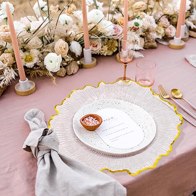 24 Pcs Clear Charger Plates Bulk 13 Inch Plastic Charger Plates for Dinner Plate, Clear with Gold Rim Chargers for Table Setting, Reef Design Plate Floral Decor Round Chargers for Wedding Party Event