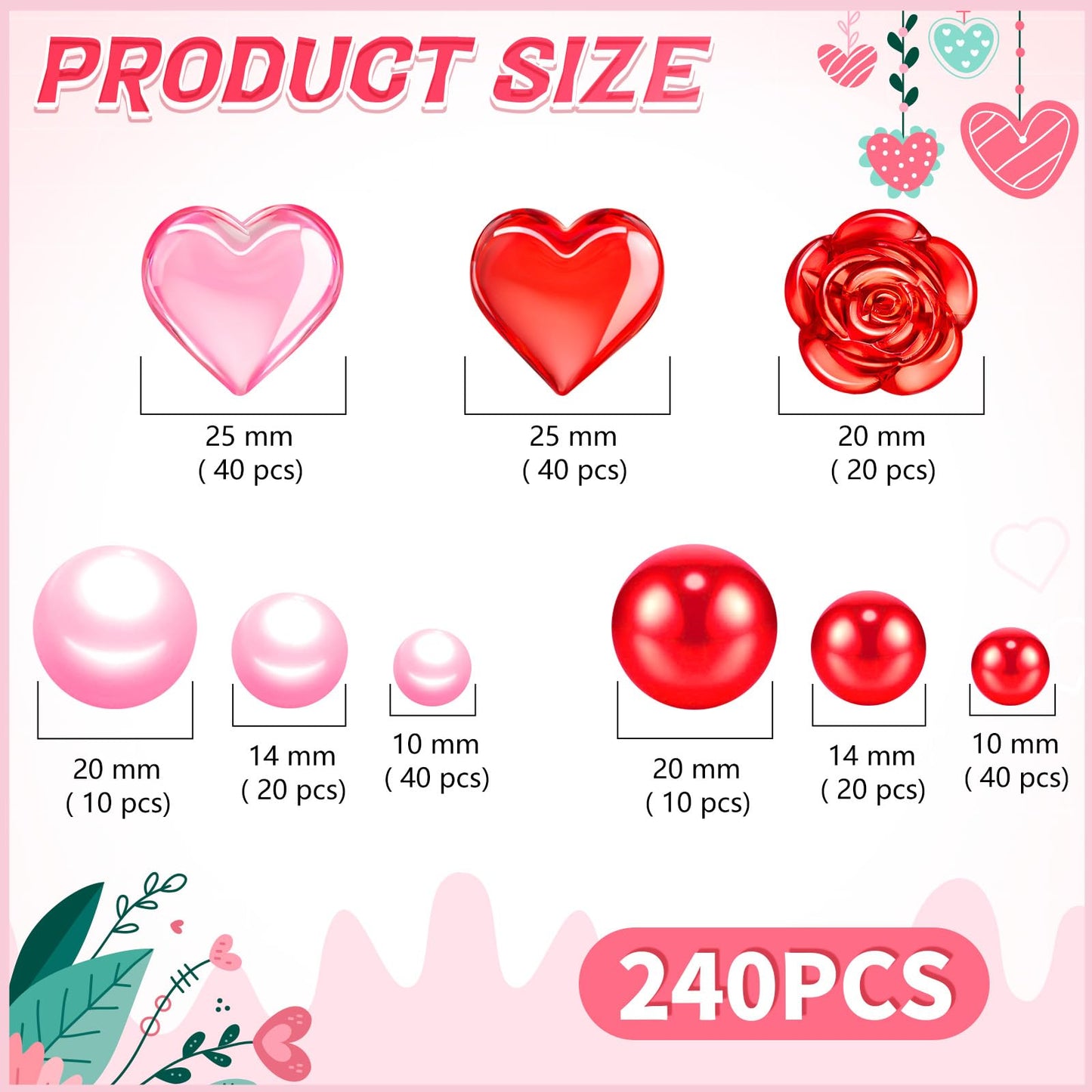 240Pcs Valentines Day Vase Filler, Pink Red Heart Rose Vase Filler Beads Floating for Wedding Decor Party Home Centerpieces