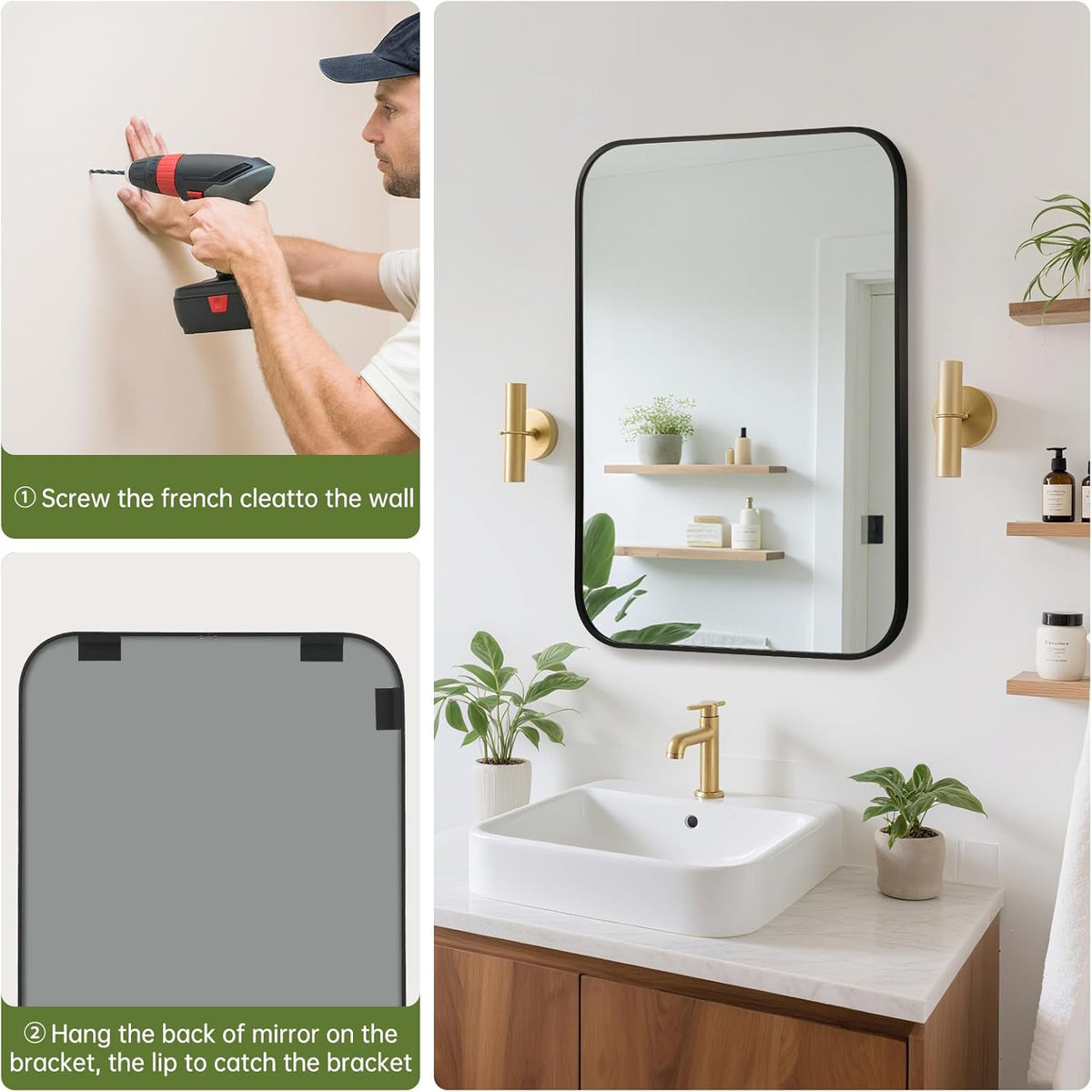 FARMER 20x28 Inch Black Bathroom Mirror, Rectangle Vanity Mirror, Brushed Mirrors for Wall, Metal Frame Hanging Mirror with Round Corner for Bedrooms, Entryways, Living Rooms, Horizontal/Vertical