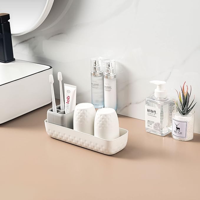 Toothbrush Holder for Bathrooms, Toothbrush Organizer Countertop for Toothbrush Storage, Toothbrush and Toothpaste Holders Set with 3 Slots, Tooth Brushing Cup Caddy for Family-White