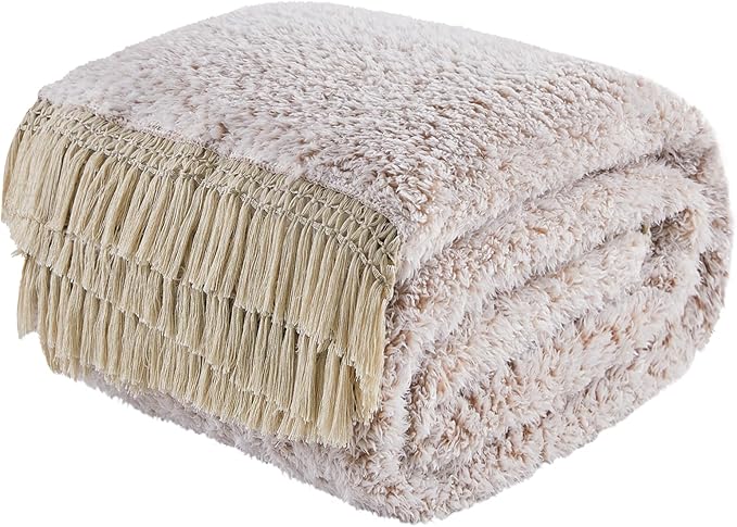 EMME Fleece Throw Blankets Soft Sherpa Plush Blankets for Couch Cozy Bed Blanket(Tassel Khaki, 90"x90")