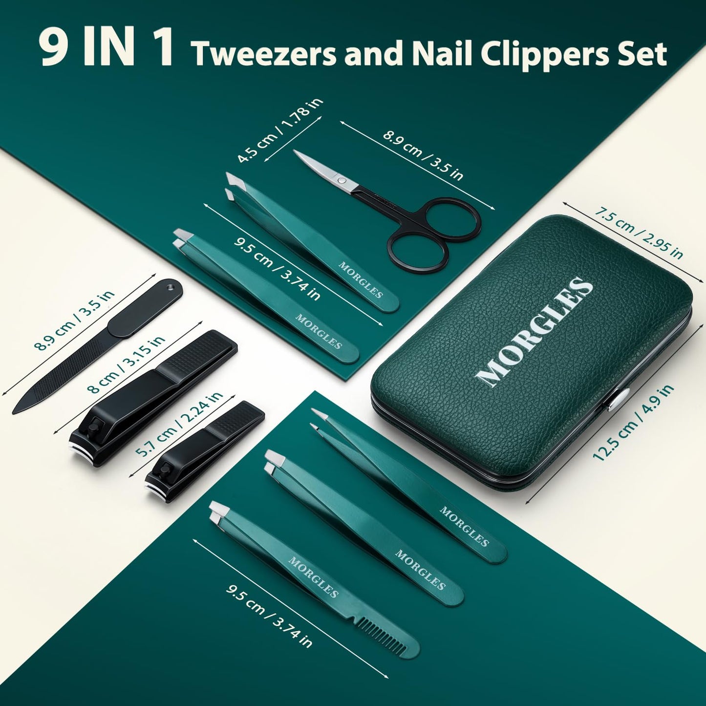 MORGLES Tweezers Set for Eyebrows, 9 Pcs Precision Stainless Steel Tweezers and Professional Nail Clippers Set for Men with Leather Travel Case