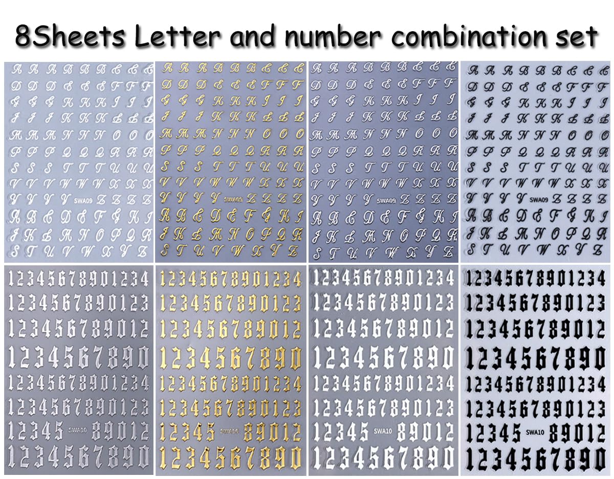 3D English Alphabet Number Nail Art Stickers Letters Nail Decals Black Gold Silver Alphabet Nail Design Self-Adhesive Nail Art Supplies DIY Manicures Slider Charms Decoration for Women DIY Nails 8PCS