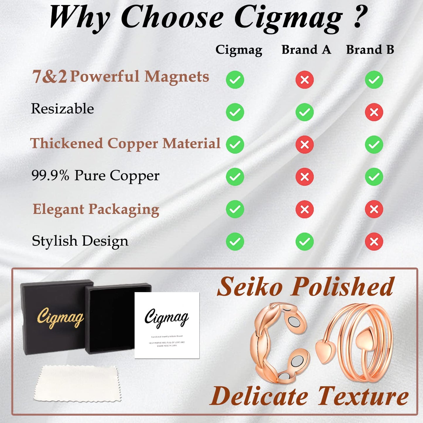 Cigmag 2PCS Copper Rings for Women Adjustable Solid Pure Magnetic Rings with Present Box