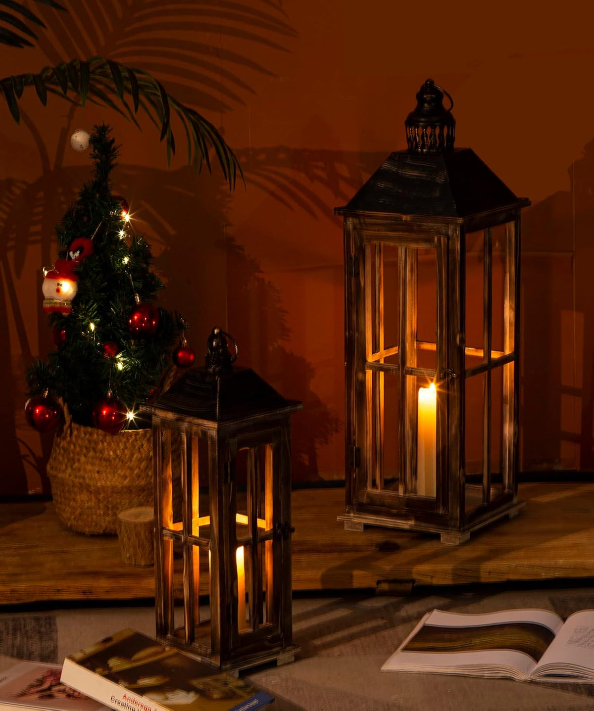 Large Farmhouse Wooden Decorative Lantern Set of 2, Rustic Distressed Brown Burnt Wood Floor Candle Lanterns, Indoor/Outdoor Hanging Lanterns for Home Decor (No Glass)